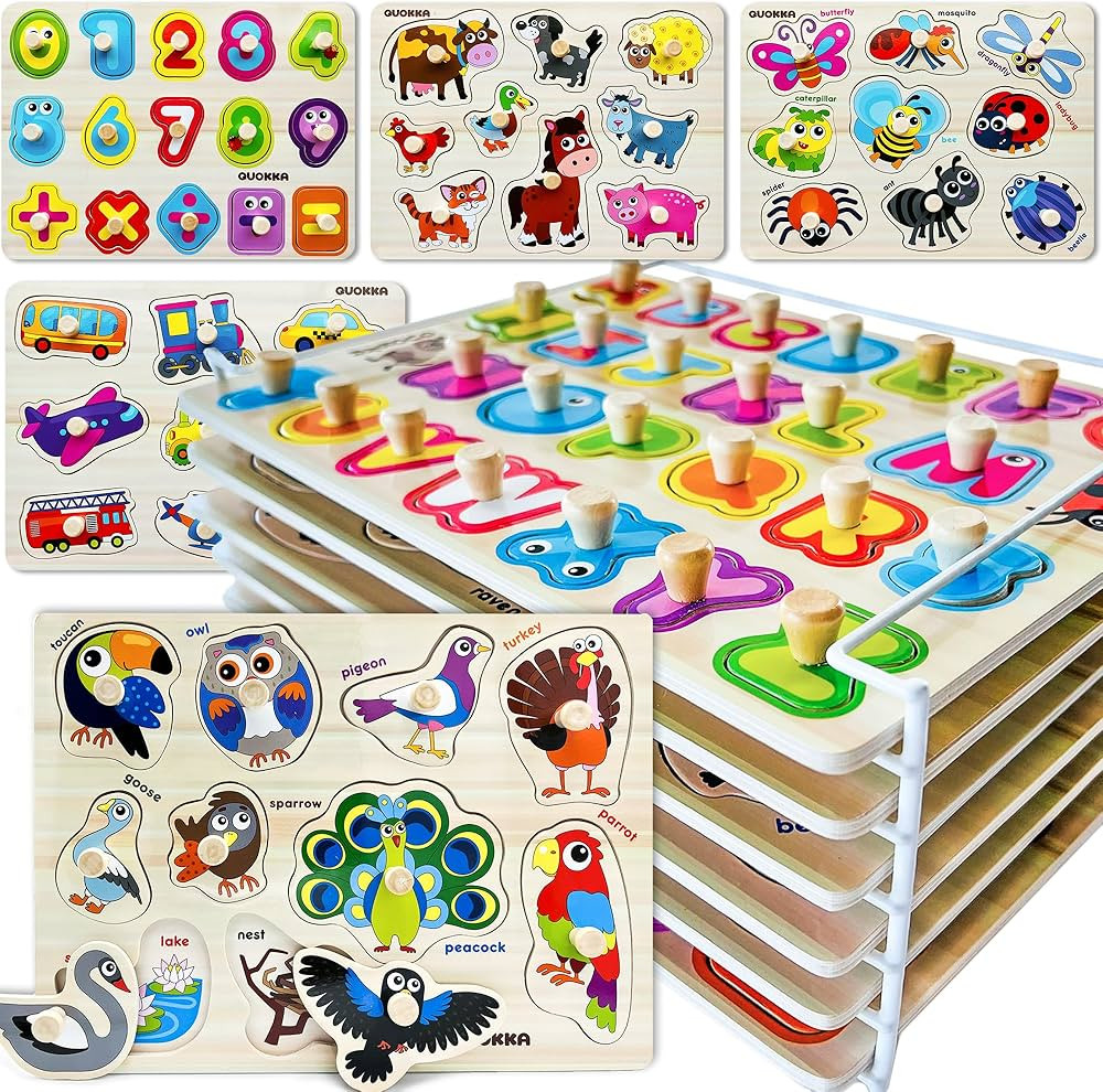 QUOKKA Wooden Puzzles for Toddlers 1-3 - 6XSET Toddler Puzzles Ages 2-4 with Rack - Learning Alph... | Amazon (US)