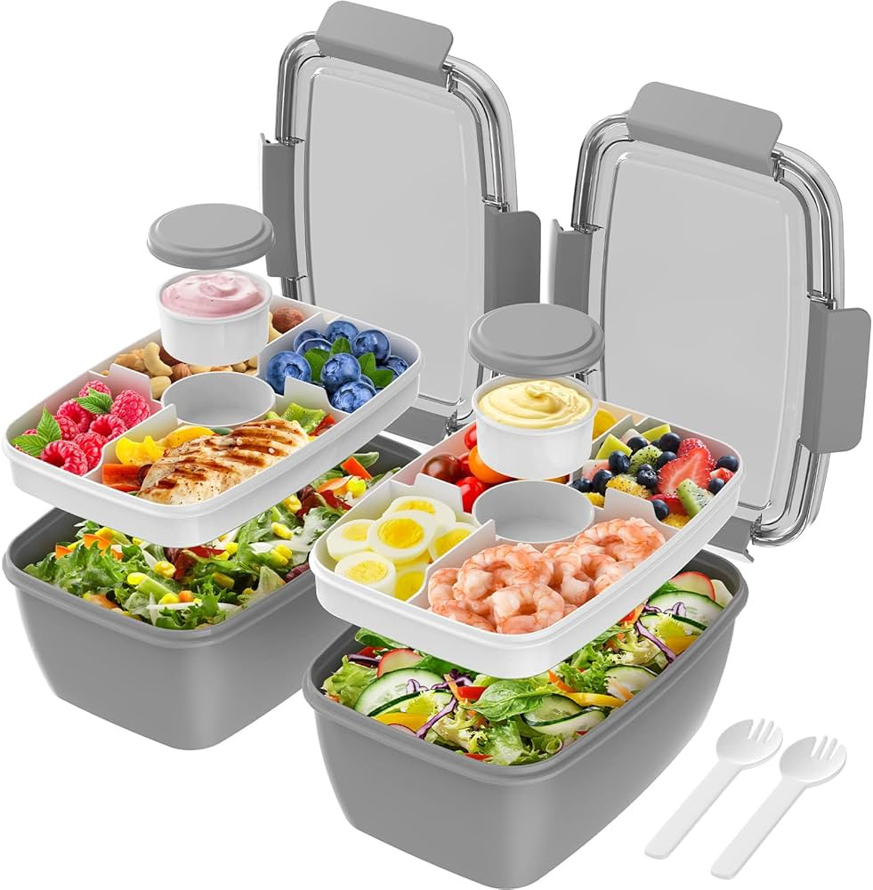 Cherrysea 2Pack Salad Lunch Container, 68oz Salad Bowls with 4 Compartments Tray,Leak Proof Lunch... | Amazon (US)