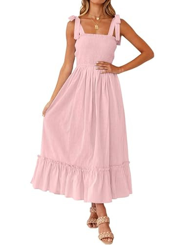 Tobrief Women Tie Shoulder Sleeveless Square Neck Ruffle Dress Empire Waist Aline Casual Boho Long Dress Pink S | Amazon (US)