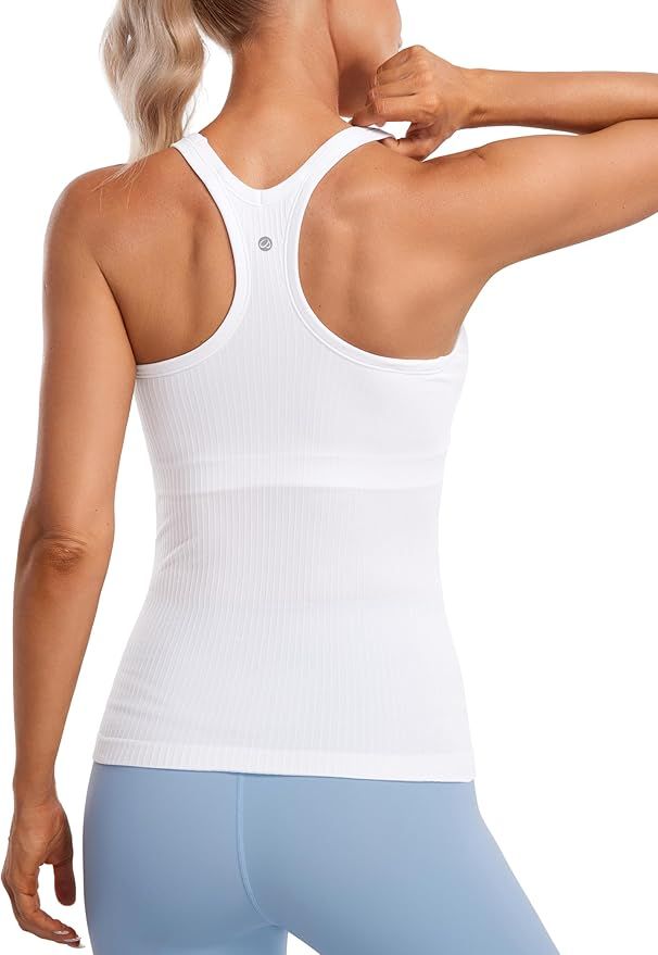 CRZ YOGA Womens Seamless Ribbed Racerback Tank Tops with Built in Bra - Padded Scoop Neck Slimmin... | Amazon (US)
