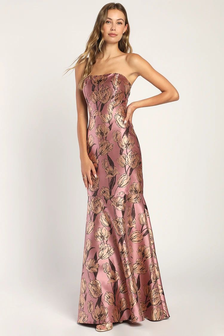 Gowning Around Mauve Floral Jacquard Strapless Maxi Dress | Lulus