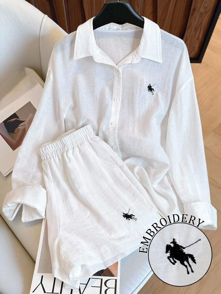 INAWLY Plus Size Embroidered Logo Shorts & Long Sleeve Solid Color Shirt 2 Pieces Set | SHEIN