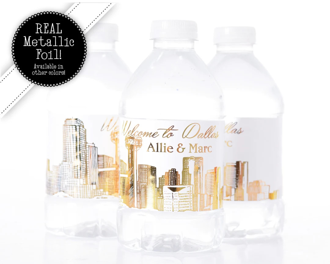 Dallas Texas METALLIC FOIL Skyline Stickers, Wedding Water Bottle Labels, City Skyline Water Bott... | Etsy (US)