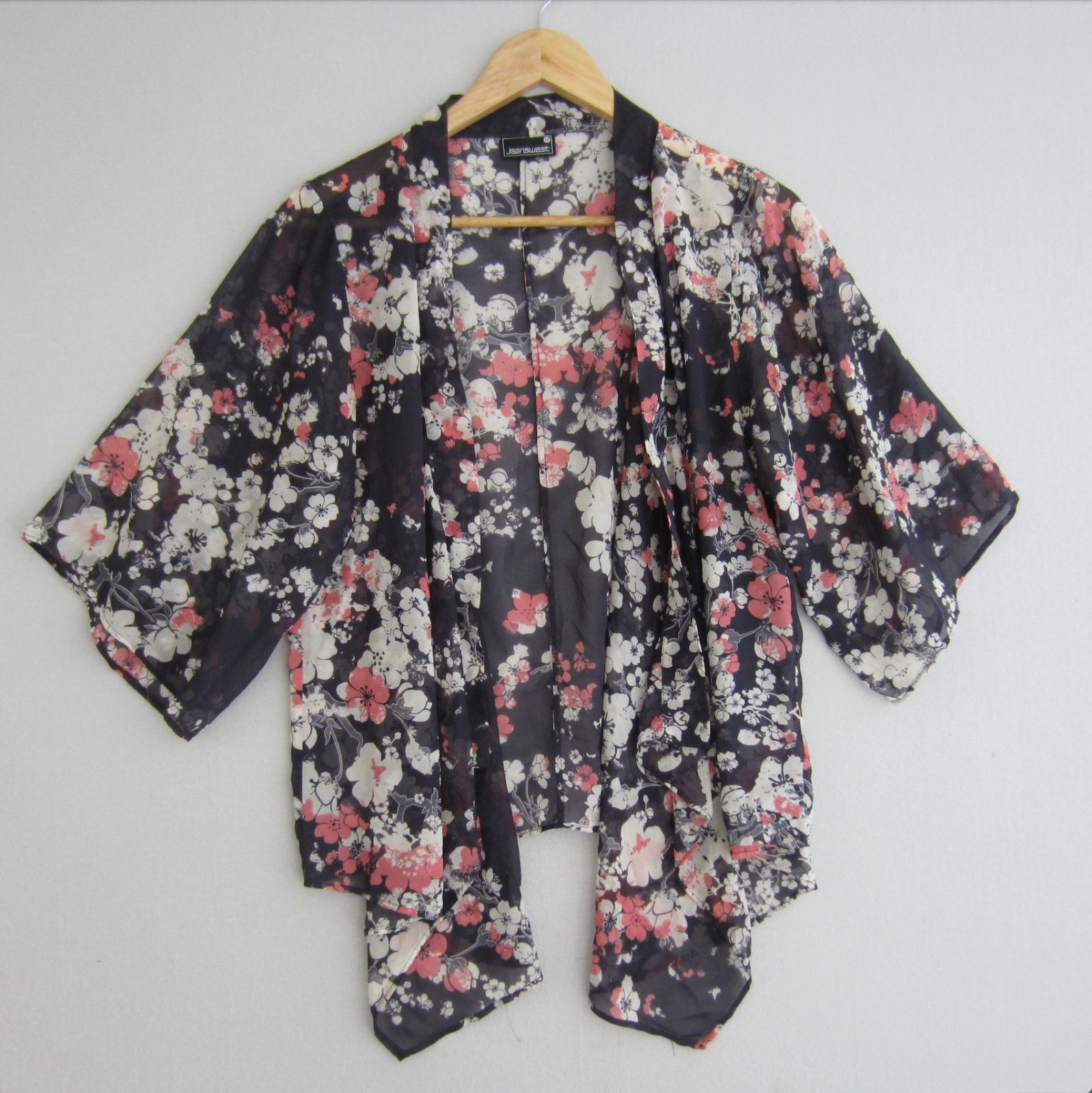 Jeanswest Top Womens Size 10 Pink Black White Floral Kimono Jacket Sheer Boho | eBay AU