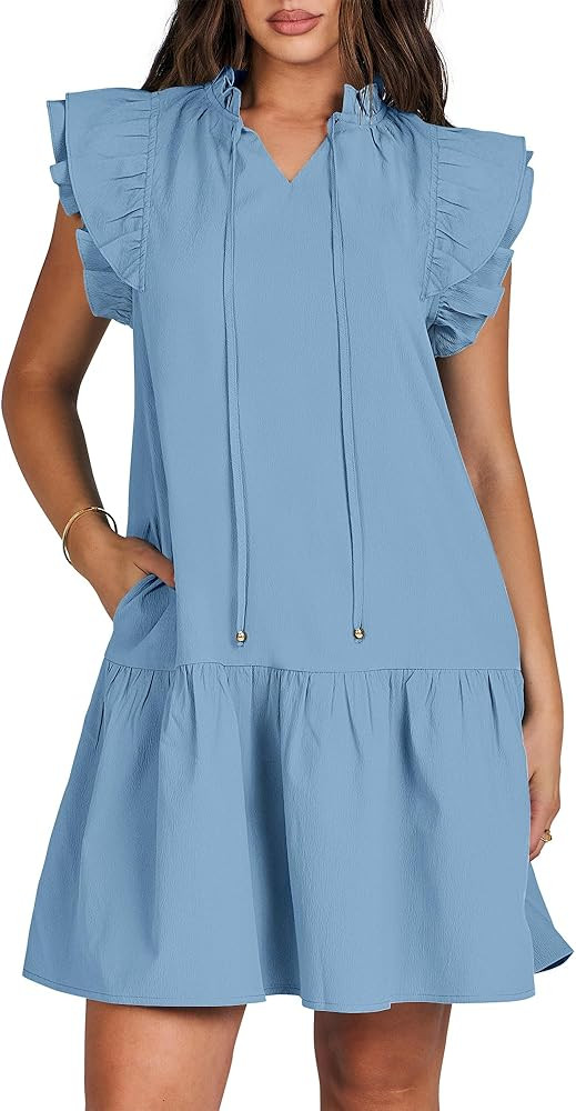 ANRABESS Womens Summer V-Neck Drawstring Ruffle Cap Short Sleeve Casual Shift Mini Dress with Poc... | Amazon (US)