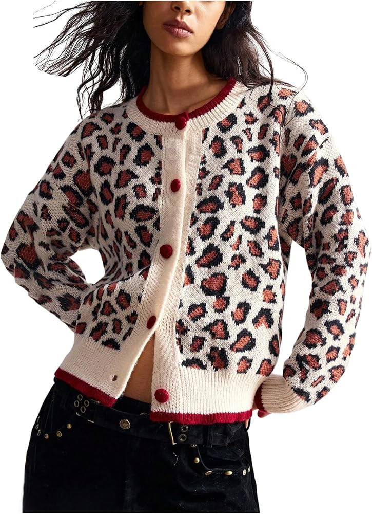 SweatyRocks Women's Leopard Print Button Down Cardigan Sweater Long Sleeve Crewneck Knit Outwear | Amazon (US)