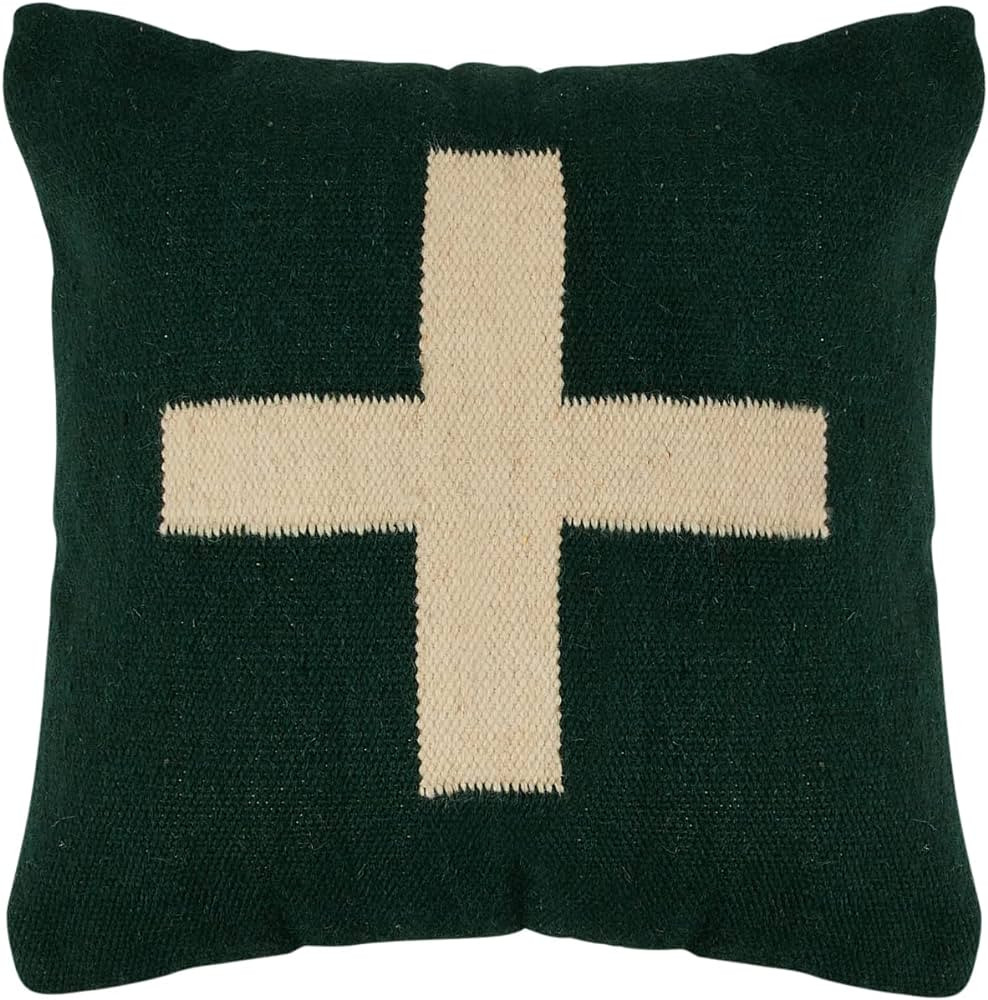 Creative Co-Op Swiss Cross Cotton Wool Throw Natural Pillow, std, Green and Cream | Amazon (US)