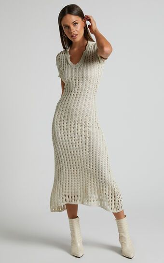 Jolie Crochet Collared Short Sleeve Midi Dress in Cream | Showpo (US, UK & Europe)
