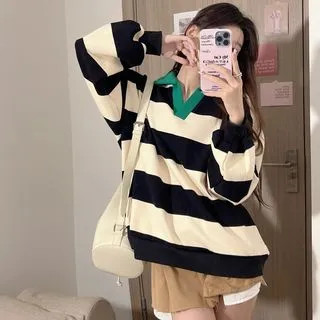Puff-Sleeve Collar Striped Sweatshirt | YesStyle Global