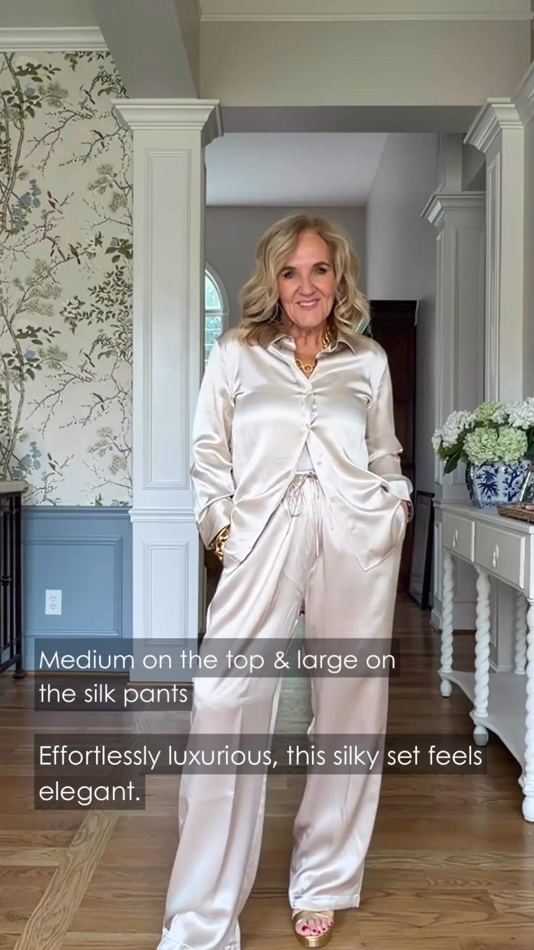 This silky champagne set feels effortlessly luxurious. The relaxed button-front top and wide-leg silk pants create an elegant look that’s comfortable enough to wear with ease. Wearing a medium in the top and large in the pants.

💡 LTK MADE EASY
❤️ Heart = Support my posts!
🔖 Save = Get sale & restock alerts
📋 Lists = Keep favorites organized
📲 Share = Send lists and products to a friend. Hello, Christmas List!
💬 Comment = Ask me anything about what I'm wearing.:-)

#LTKWedding #LTKootd #LTKOver40