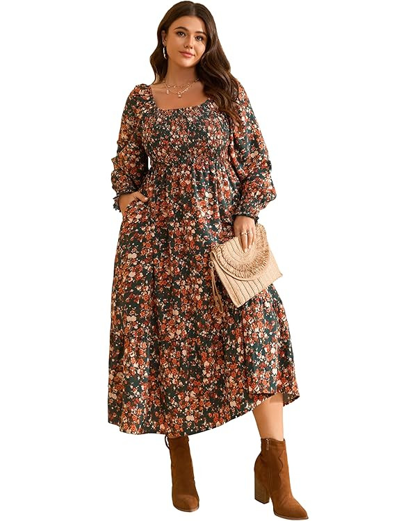 RWJ Women's Plus Size Fall Dress Long Sleeve Square Neck Floral Print Smocked A Line Boho Flowy M... | Amazon (US)