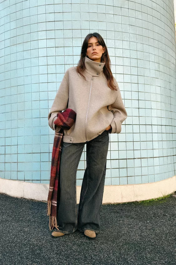 WOOL BLEND BOMBER JACKET WITH HIGH NECK | Zara UK