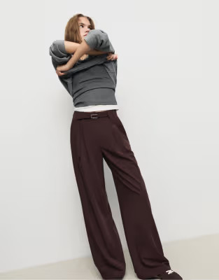 Stradivarius smart wide leg trousers with buckle detail in brown | ASOS (Global)