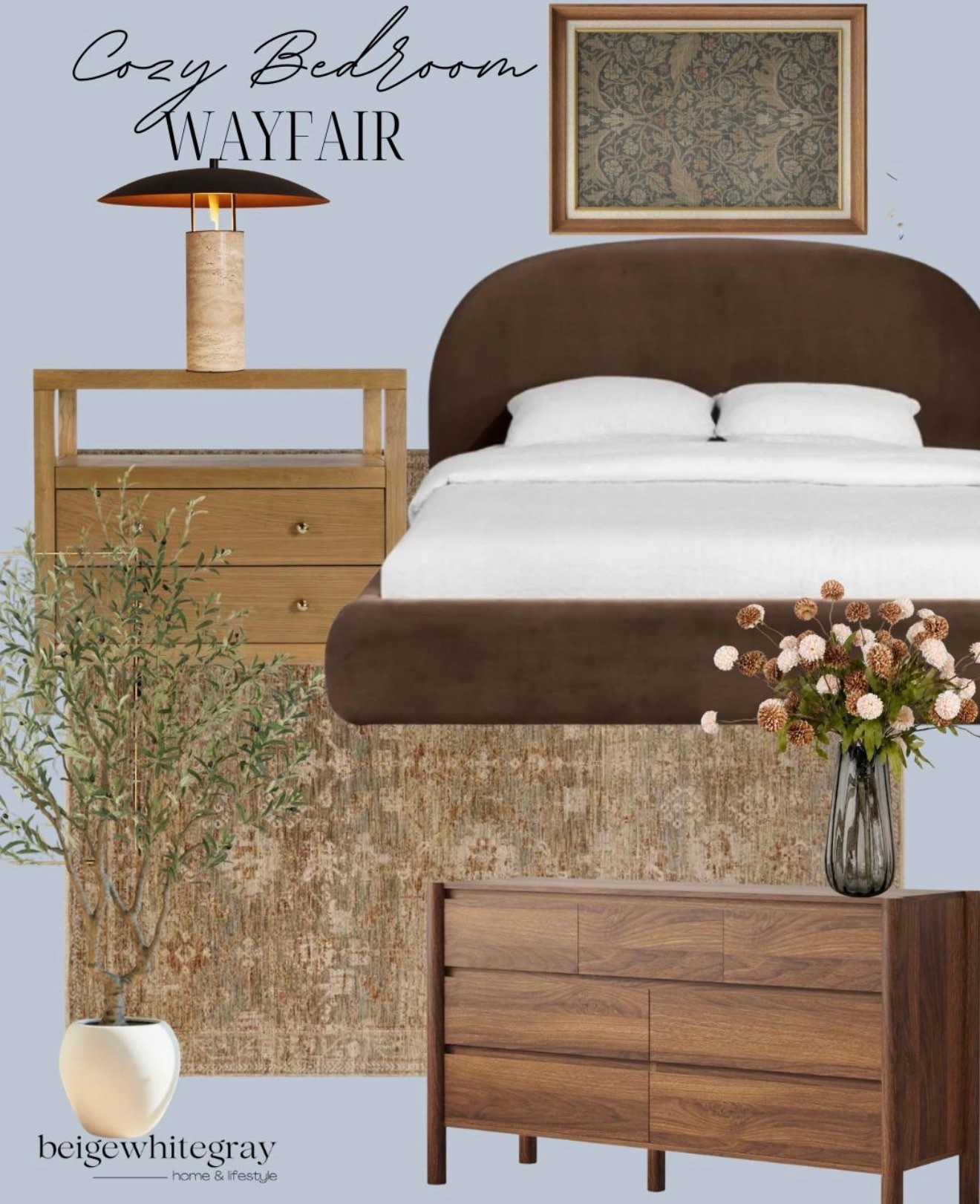 Wayfair bedroom finds, Wayfair furniture, cozy bedroom ideas, fall bedroom decor, warm neutral bedroom, brown upholstered bed, brown velvet bed, bedroom furniture finds, wood dresser, walnut dresser, bedroom area rug, vintage inspired rug, bedside table, modern table lamp, bedroom wall art, cozy bedroom aesthetic, organic modern bedroom, transitional bedroom decor, earthy bedroom ideas, warm brown bedroom, neutral bedroom inspiration, designer inspired Wayfair finds, elevated bedroom decor

#LTKHome