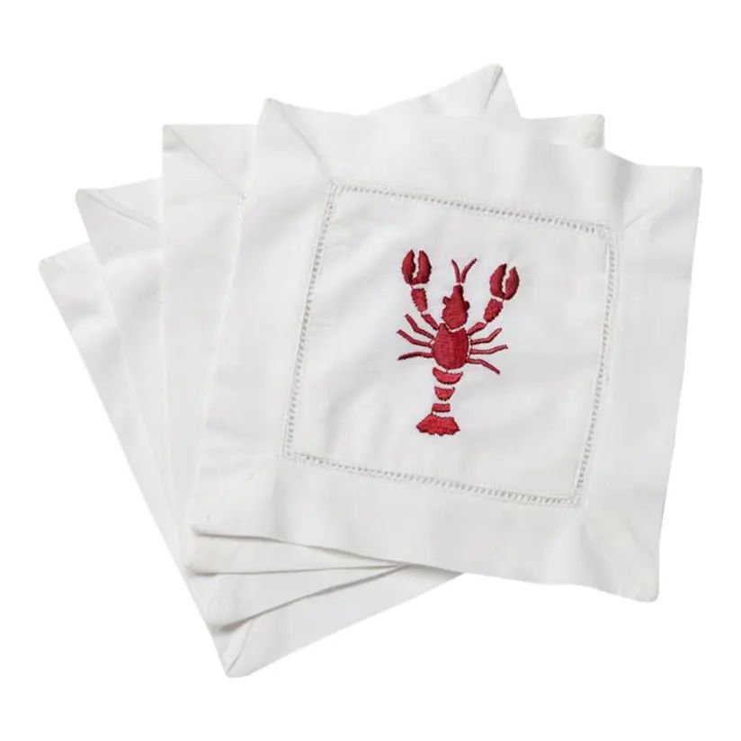 Lobster Cocktail Napkins White Cotton With Hem Stitch, Embroidered - Set of 4 | Chairish