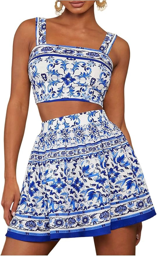 MakeMeChic Women's Two Piece Outfit Floral Sleeveless Shirred Tank Crop Top and Skirt Set | Amazon (US)