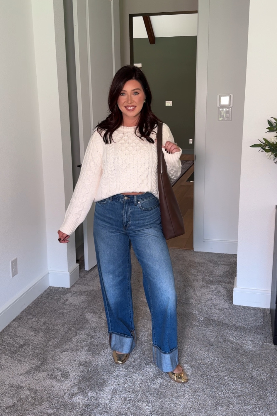 Fall casual outfit with a cable knit sweater & wide leg jeans. Super comfy & easy to throw on. Wearing medium in the sweater and 28 in the jeans 

#LTKMidsize #LTKStyleTip #LTKSaleAlert