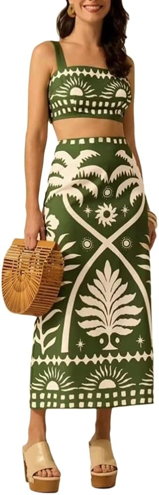 THLAI Women 2 Piece Midi Skirt Sets Tropical Print Crop Top and Midi Skirt Set Summer Casual Vaca... | Amazon (US)