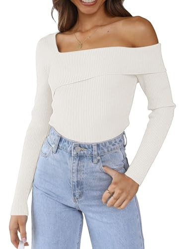 LILLUSORY Womens Off The Shoulder Sweaters Going Out Fall Sexy Knit Pullover Lightweight Asymmetrical Tops Clothes 2025 White L | Amazon (US)