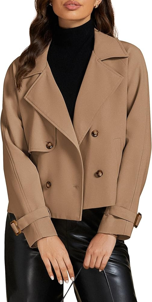 luvamia Cropped Trench Coat for Women Long Sleeve Double Breasted Notched Lapel Casual Loose Fit ... | Amazon (US)