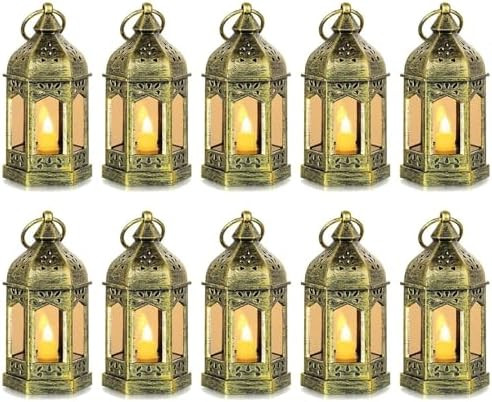 Mini Lantern with Flickering LED Candles Set of 10, Hewory Gold Vintage Decorative Hanging Candle... | Amazon (US)