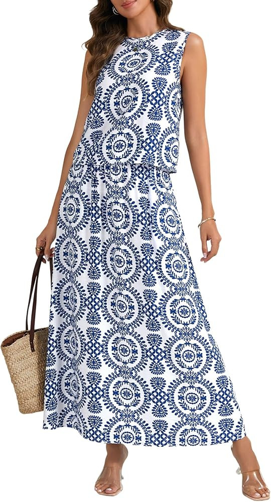 Rooscier Women's Floral Print 2 Piece Outfits Sleeveless Tank Top and A Line Long Skirt Sets Suit | Amazon (US)