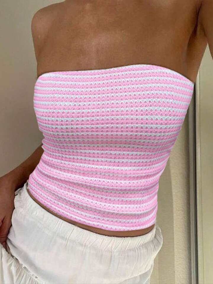 INAWLY 1pc Women Summer Contrast Color Textured Pink Striped Tube Top | SHEIN