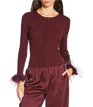 Farrah Feather Trim Crewneck Long Sleeve Sweater Cardigan | Dillard's