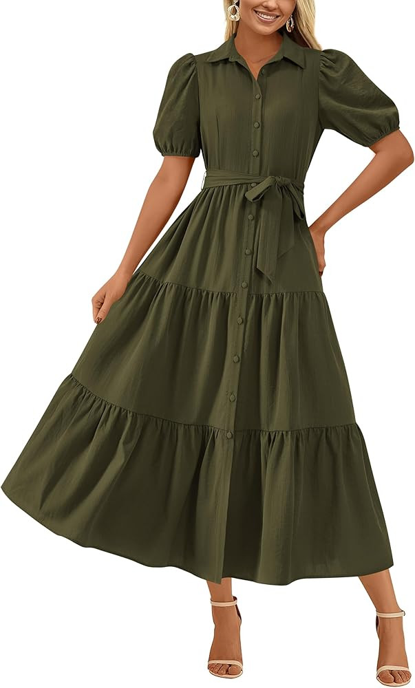 MASCOMODA Womens Summer Dresses 2025 Short Sleeve Maxi Dress Casual V Neck Button Down Tiered A L... | Amazon (US)
