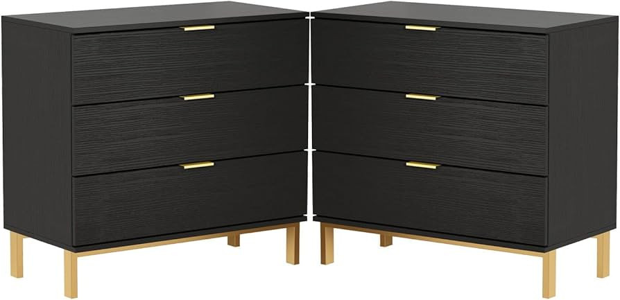 DiDuGo Black and Gold Nightstands Set of 2 Bedside Table 3 Drawer Dresser, Large Nightstand with ... | Amazon (US)