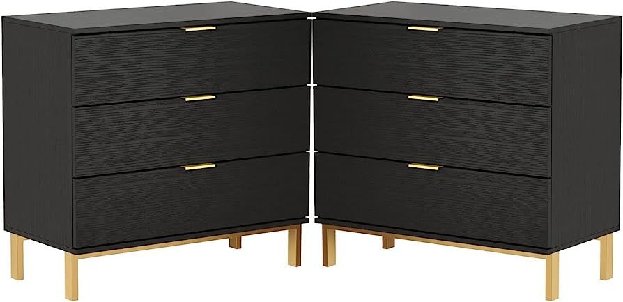 DiDuGo Black and Gold Nightstands Set of 2 Bedside Table 3 Drawer Dresser, Large Nightstand with ... | Amazon (US)