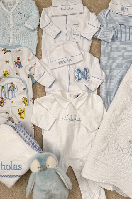 Monogrammed baby clothes, towel, and quilt for baby boys 💙#ltkbaby #ltkfamily #ltkkids #babyboy #newborn #monogrammed