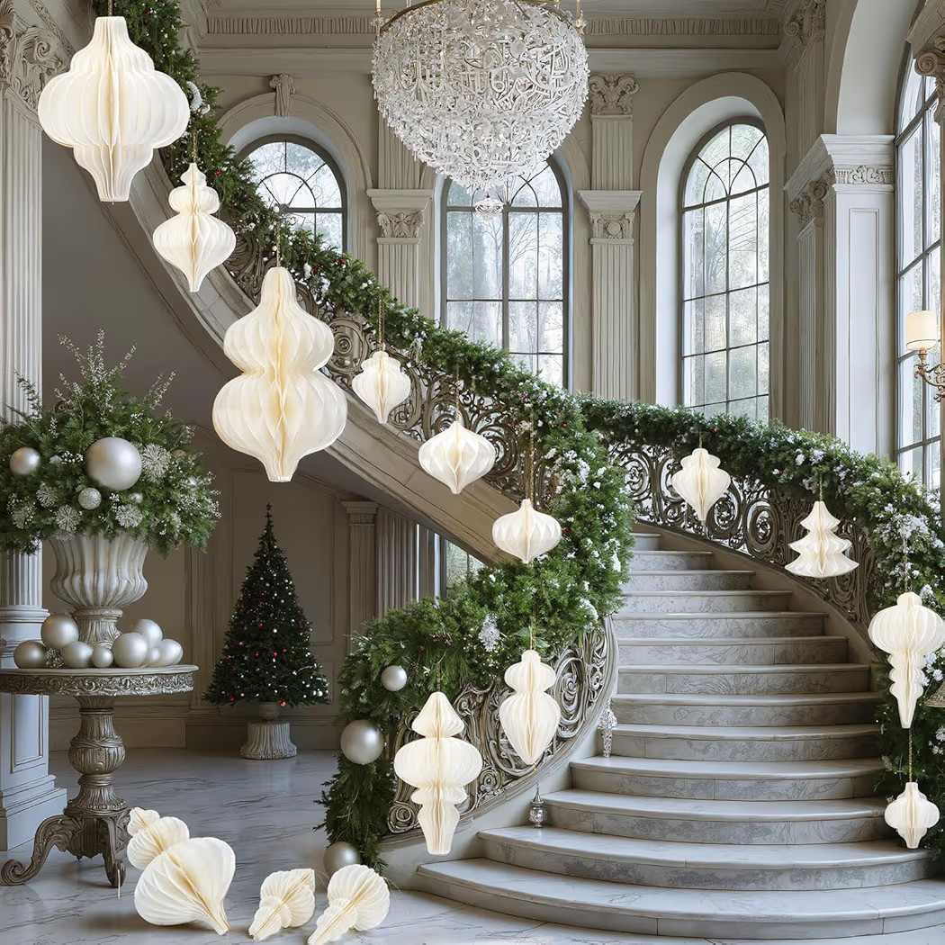 Cinnvoice 12 Pcs Jumbo Christmas Paper Decor 3.15'' to 19.7'' White Honeycomb Hanging Ornament Large Christmas Paper Lantern 3D for Xmas Home Tree Winter New Years Party Holiday Wonderland Decor | Amazon (US)