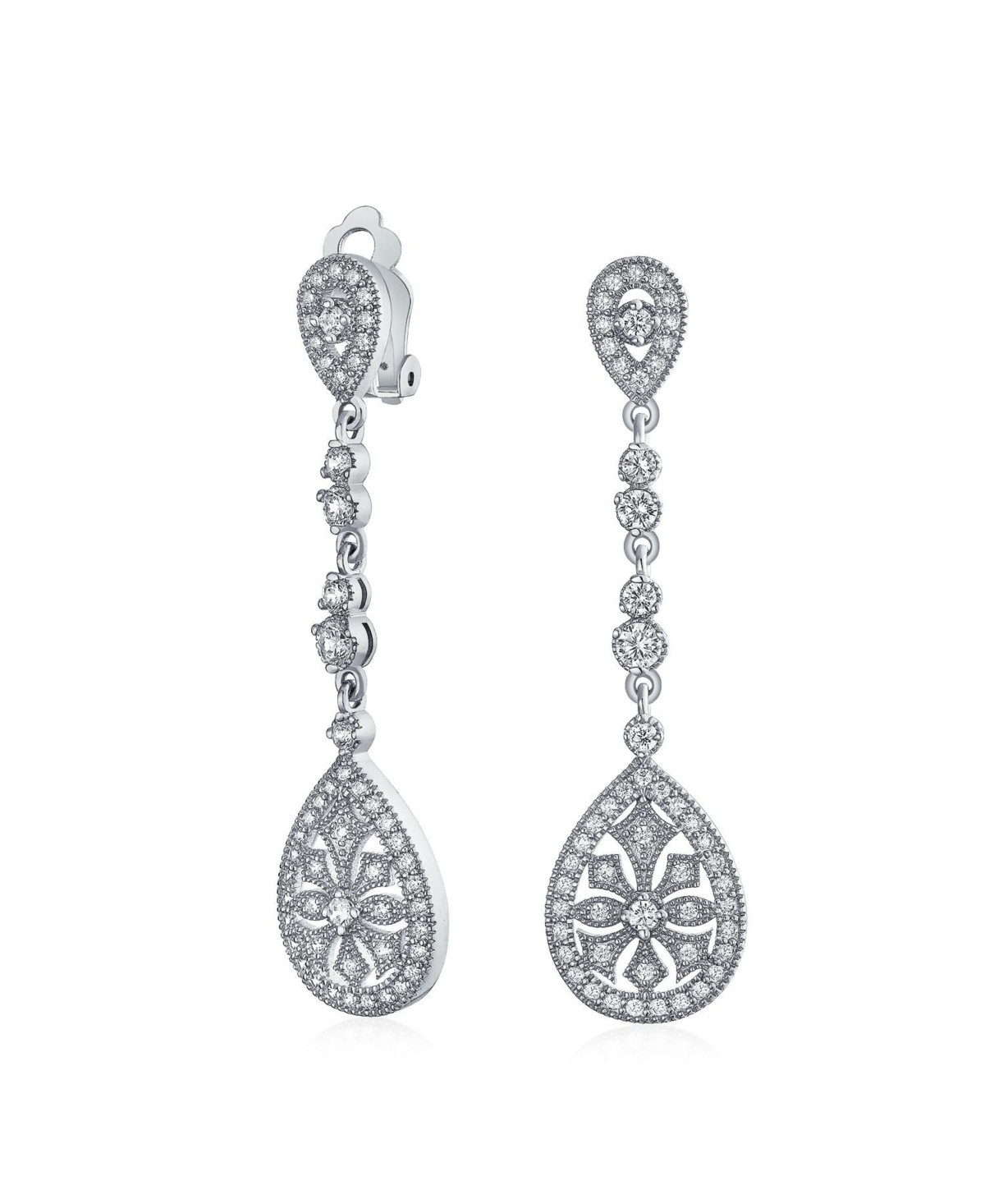 Bling Jewelry Art Deco Style Filigree Teardrop Cubic Zirconia Chandelier Clip On Earrings - Silver | Macy's