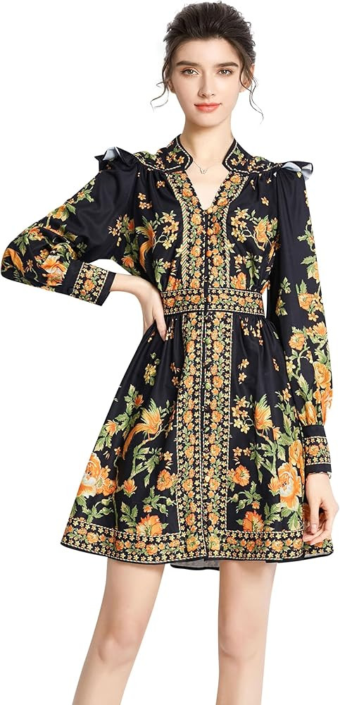 LAI MENG FIVE CATS Women's Floral Print Button up Lantern Sleeve Casual Shirt Dress A-line Mini D... | Amazon (US)
