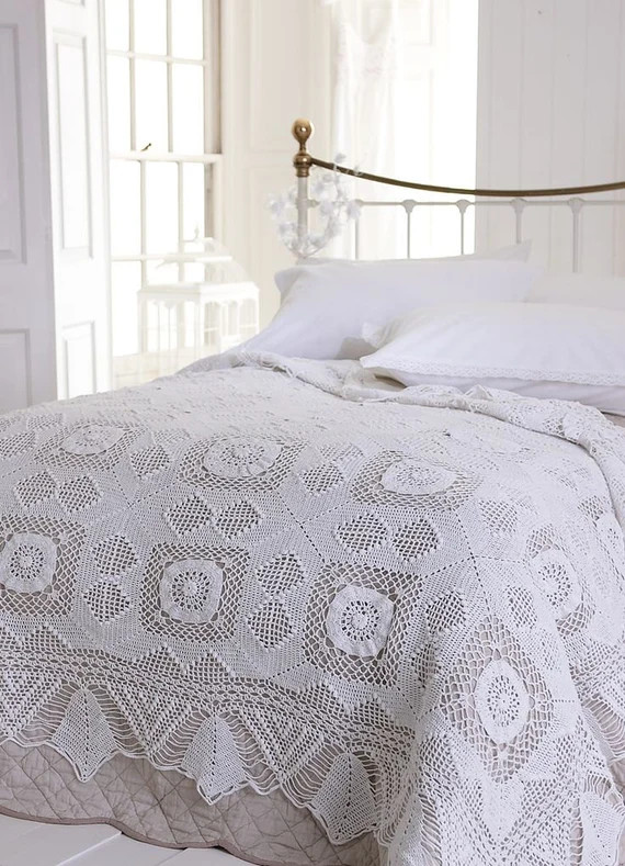 SALE: 100% Cotton Handmade Vintage Style Lace Crochet Bedspread Throw Coverlet Spread, Linens, Quilt | Etsy (US)