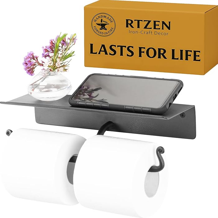 RTZEN Bathroom Toilet Paper Holder with Shelf - Handcrafted Rustic Wrought Iron Wall Decor Toilet... | Amazon (US)