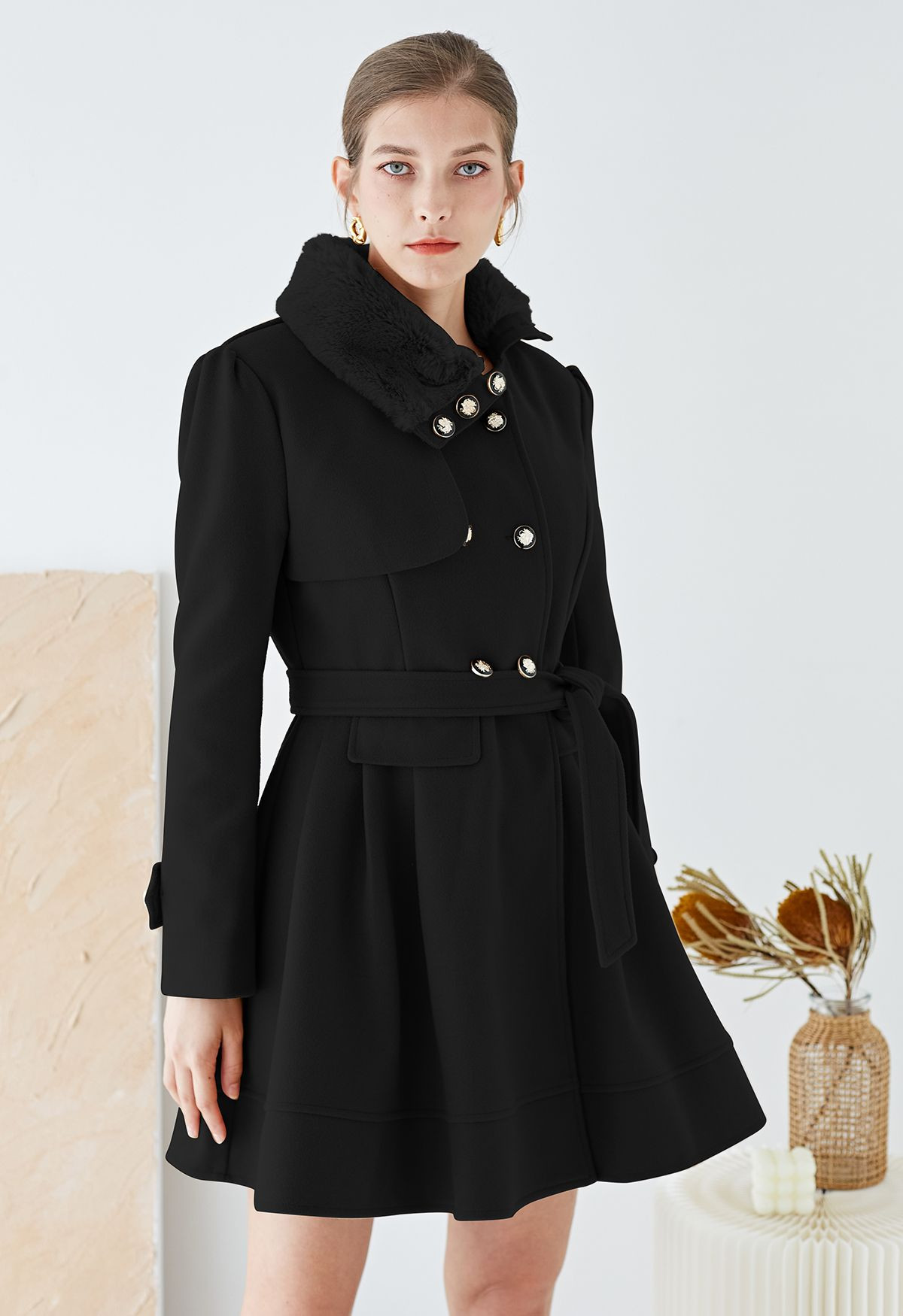 Faux Fur Collar Double-Breasted Skater Coat in Black | Chicwish