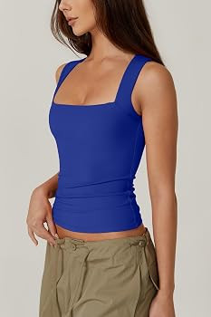 QINSEN Women's Square Neck Sleeveless Double-Layer Tank Tops Basic Tight T Shirts | Amazon (US)