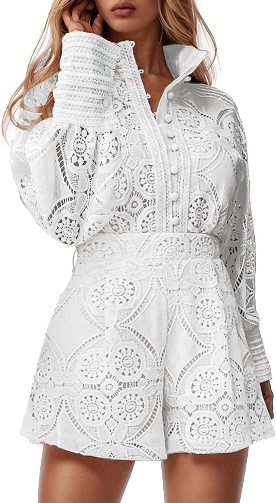 Lace 2 Piece Shorts Set for Women Elegant Casual High Waist Wide Leg Summer Clothes Button Up Lon... | Amazon (US)