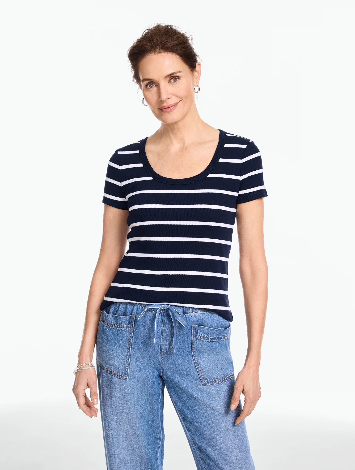 Ribbed Scoop Neck T-Shirt - West Stripe - Indigo/White - XS Talbots | Talbots
