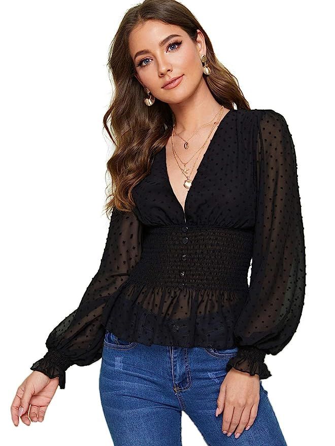 Verdusa Women's Plunging Neck Buttoned Shirred Ruffle Peplum Blouse Top | Amazon (US)