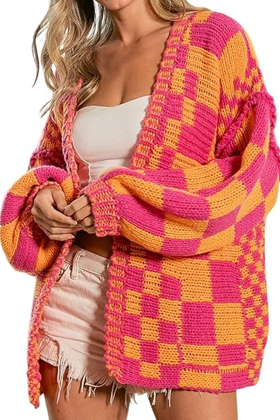 SELINK Women's Cardigan Sweater Vintage Open Front Mixed Checkered Pattern Chunky Knit Plaid Long... | Amazon (US)