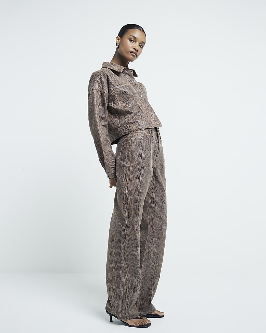 Brown Relaxed Straight Fit Snake Print Jeans | River Island (UK & IE)