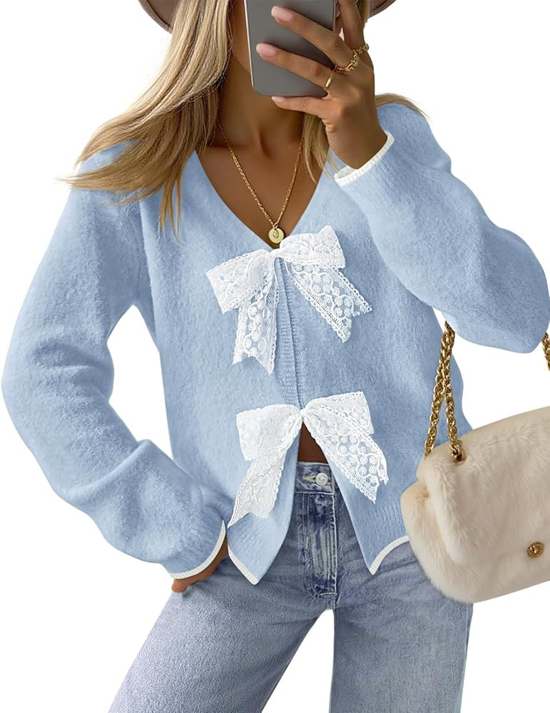 MEROKEETY Women's Tie Front Bow Cardigan Sweaters 2025 Long Sleeve Chunky Knit Cute Trendy Fall W... | Amazon (US)