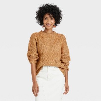 Women&#39;s Crewneck Cable Stitch Pullover Sweater - A New Day&#8482; Rust XS | Target