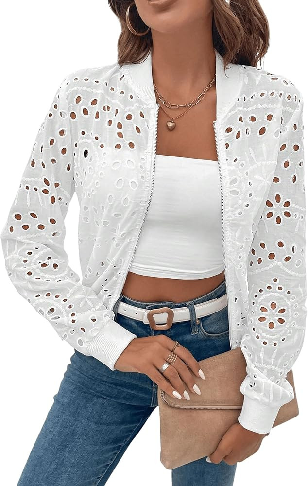 SweatyRocks Women's Long Sleeve Eyelet Embroidery Bomber Jacket Casual Hollow Out Zipper Up Overc... | Amazon (US)