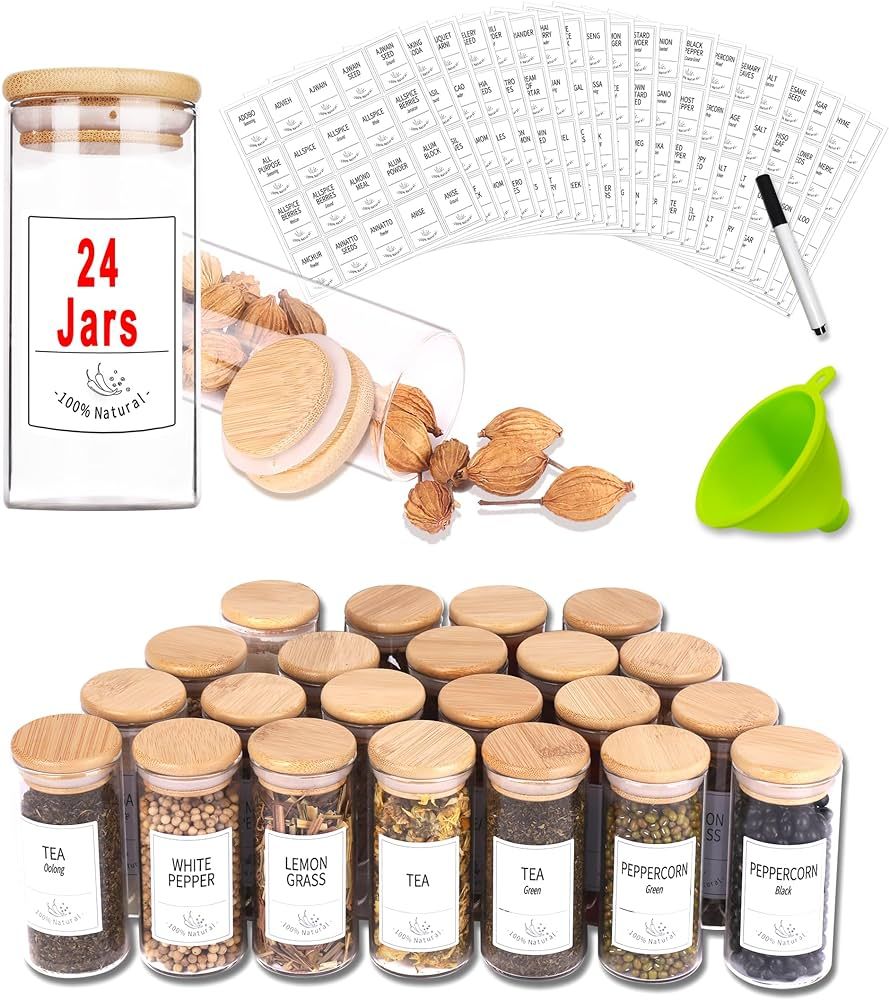 Churboro 24 Glass Spice Jars with Bamboo Airtight Lids, 400 Spice Labels, Funnel and Chalk Marker... | Amazon (US)