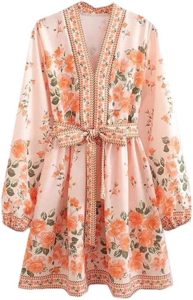 Women's Printed Beach Dress V-Neck Lantern Sleeve with Belt A-Line Casual Loose Dresses | Amazon (US)
