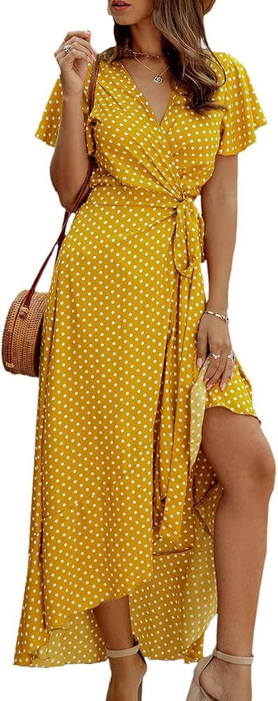 Yacun Women Summer Polka Dot Wrap Dress V Neck High Split Casual Maxi Dresses | Amazon (US)